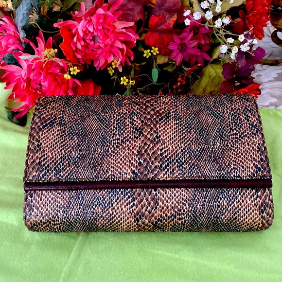 Python print man made material clutch bag brown and tan color. - Picture 1 of 10